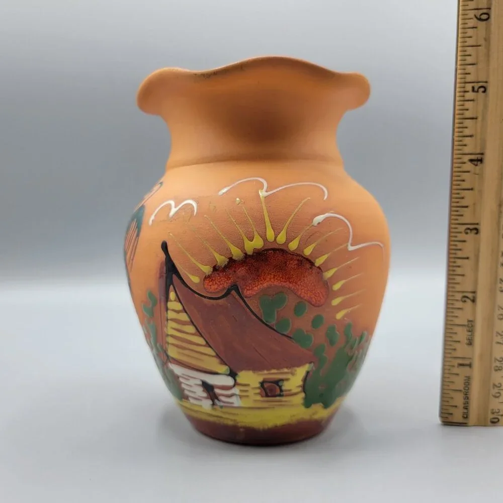 Vintage Hand Painted Terracotta Vase Scenic Design Flared Rim Signed Punta Cana - Picture 12 of 13